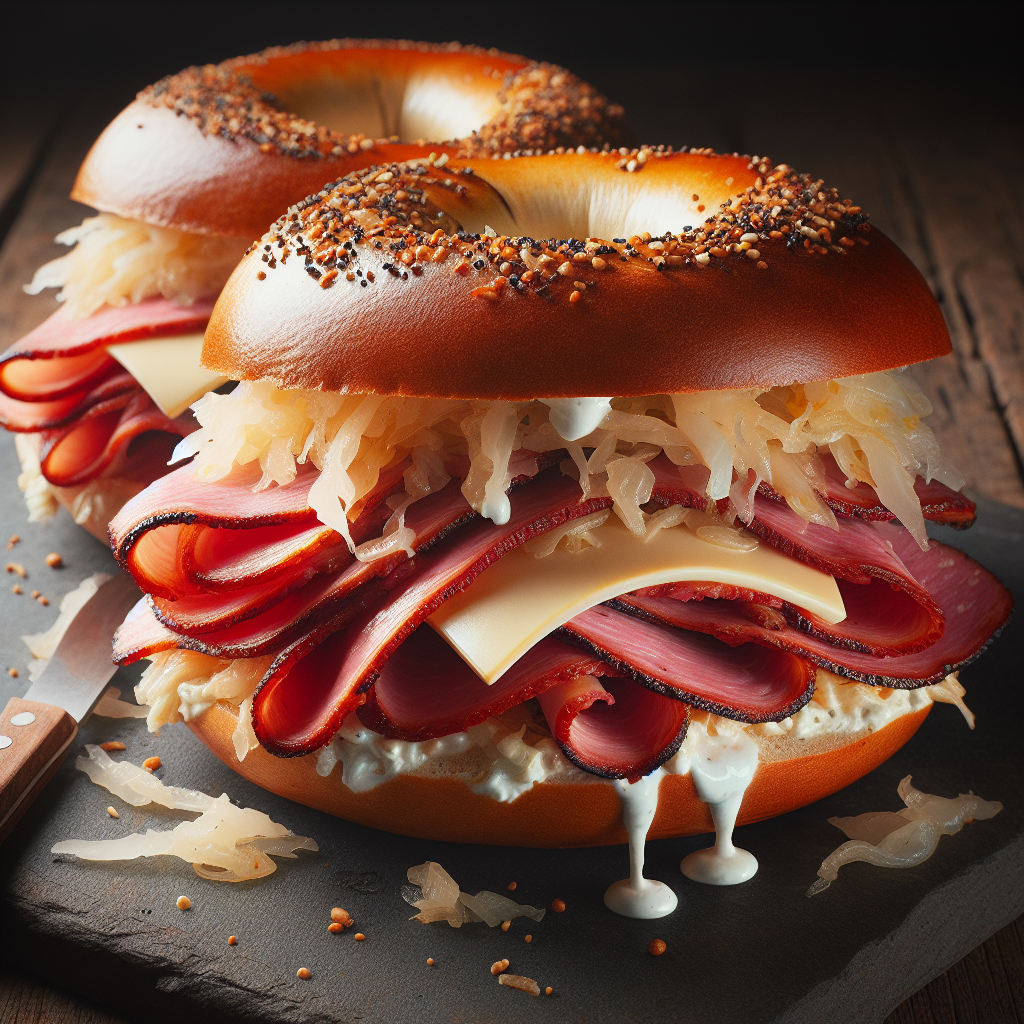 Delicious Bagel with Pastrami, Sauerkraut, Swiss Cheese & Thousand Island |  AI Art Generator | Easy-Peasy.AI