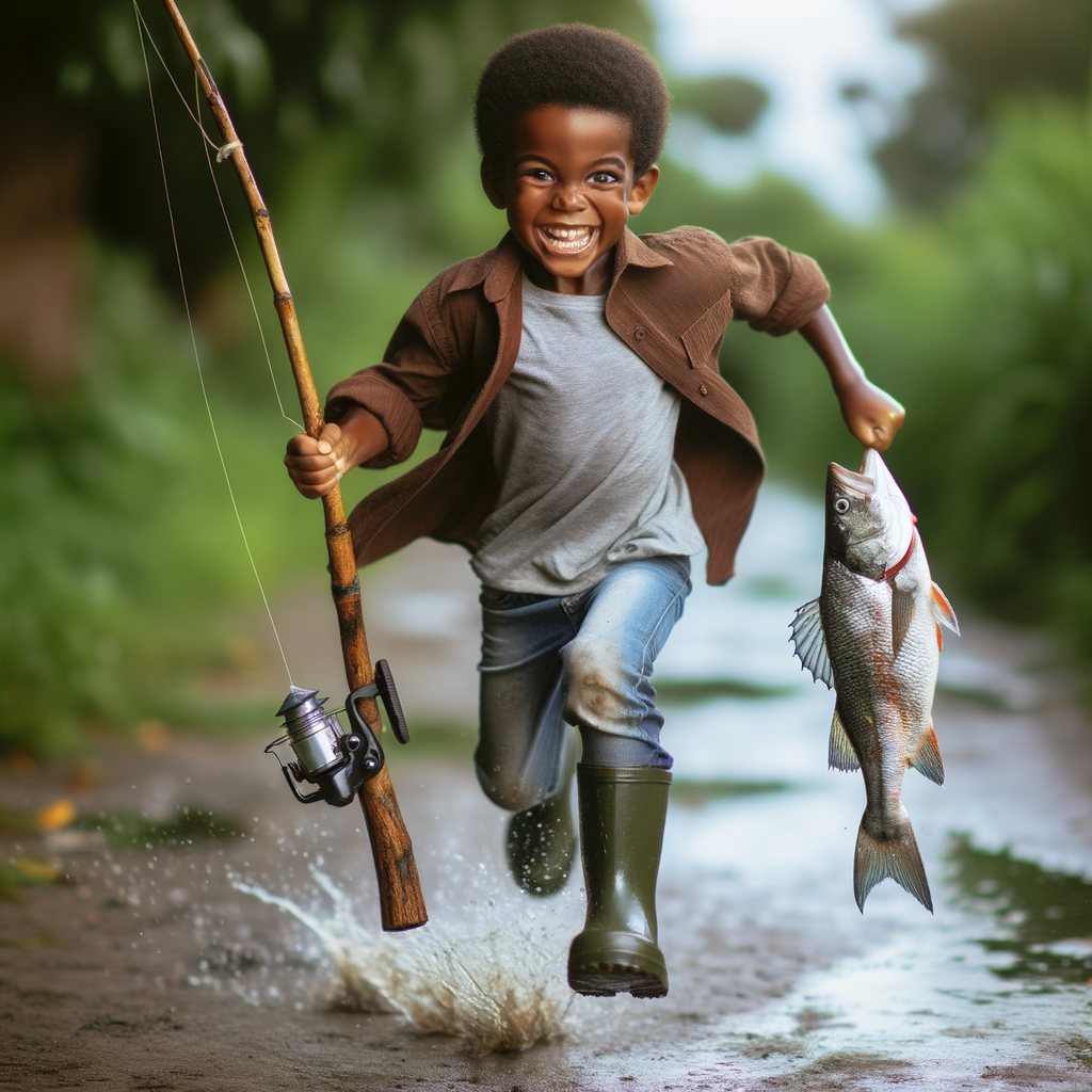 African Child Running with Stolen Fish, AI Art Generator