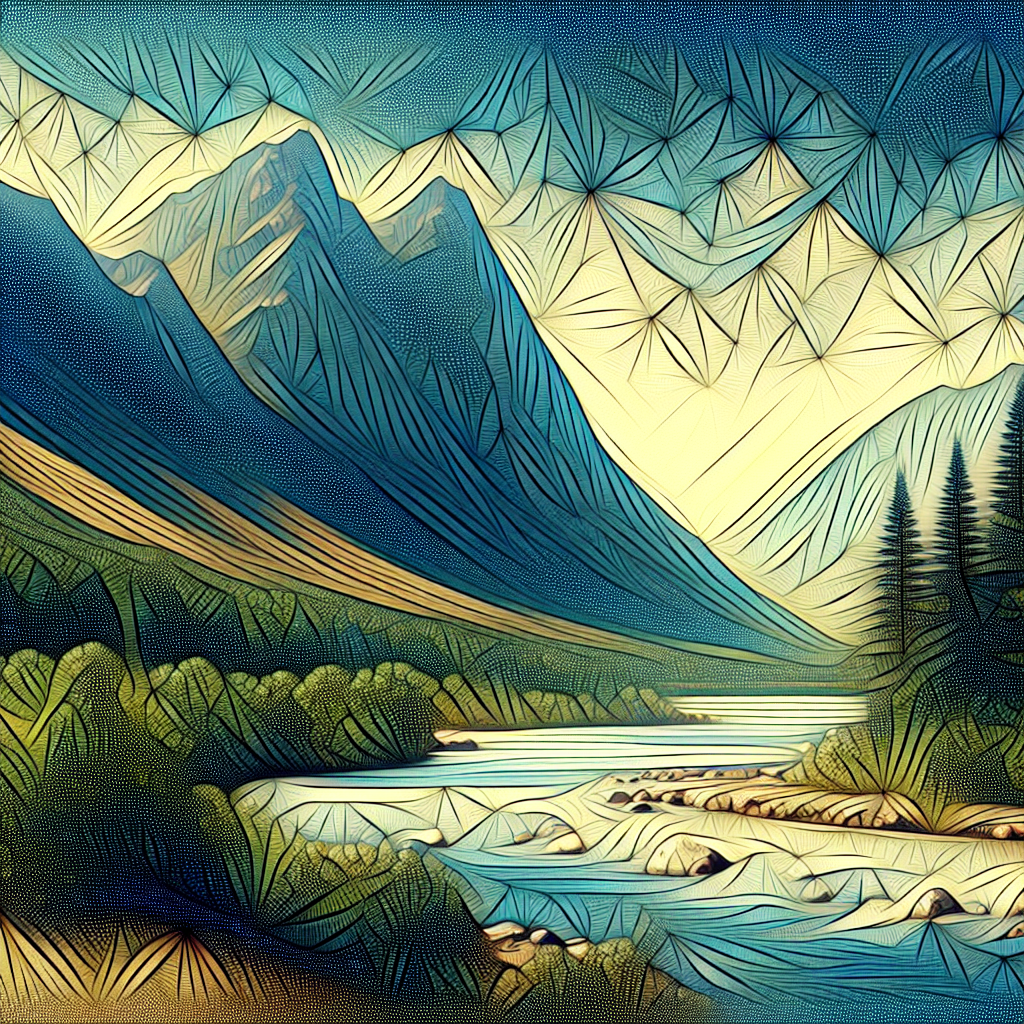 Simple Drawing: Looming Mountains and Sparkling River, AI Art Generator