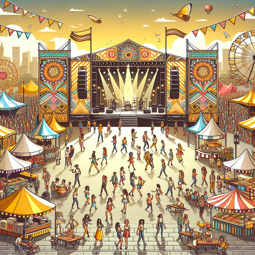 AI Art Generator: A festive carnival with colorful tents, amusement rides,  and smiling crowds, high detail, entertainment, celebration