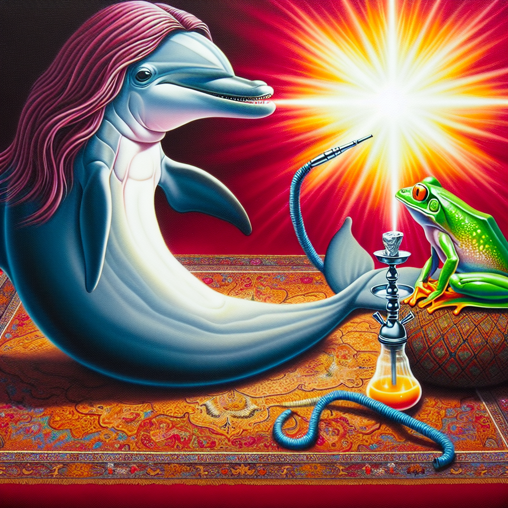 Wise Dolphin and Frog Conversing on Carpet with Hookah