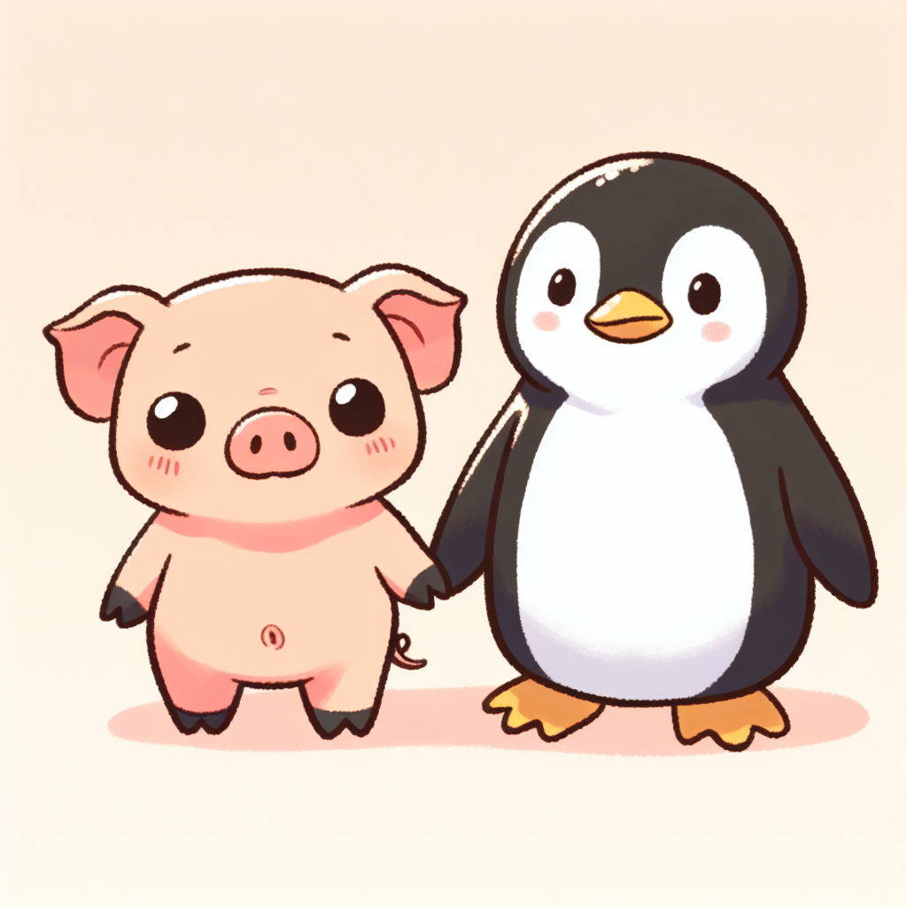 Cute Penguin and Piglet Cartoon Holding Hands, AI Art Generator