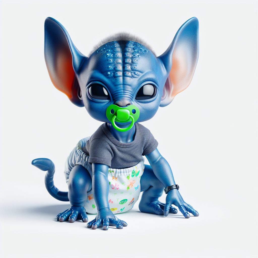 Adorable Stitch Experiment 626 in Diapers and Pacifier as Newborn