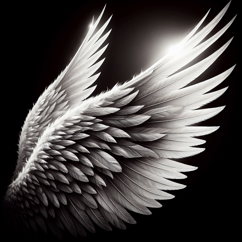 Dream like, realistic angel wings background with a white wing of