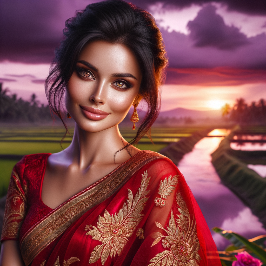 Beautiful Woman in Red Sari with Golden Embroidery, AI Art Generator