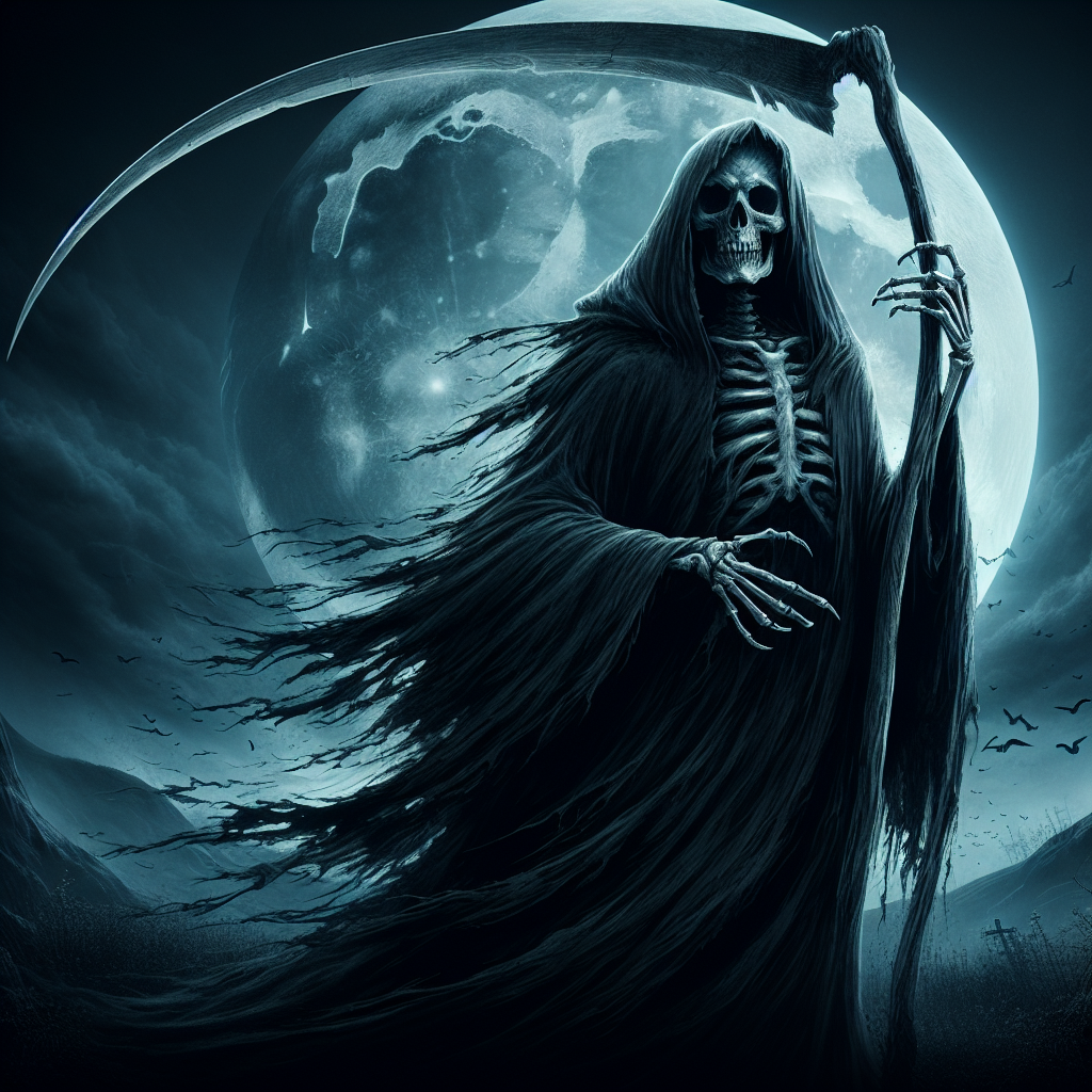 Grim Reaper with Skull Face and Moon Background, AI Art Generator