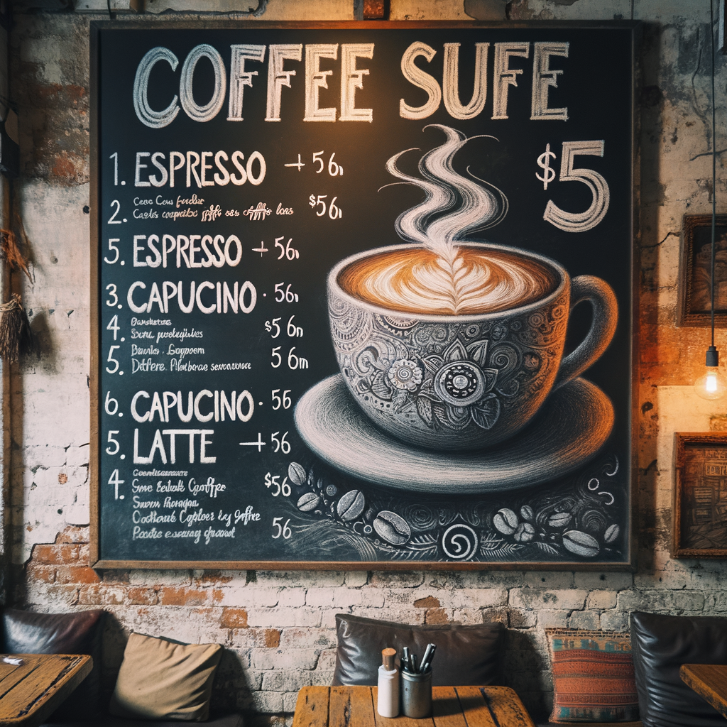 Coffee Menu: Espresso, Cappuccino, Latte, $5 Offer