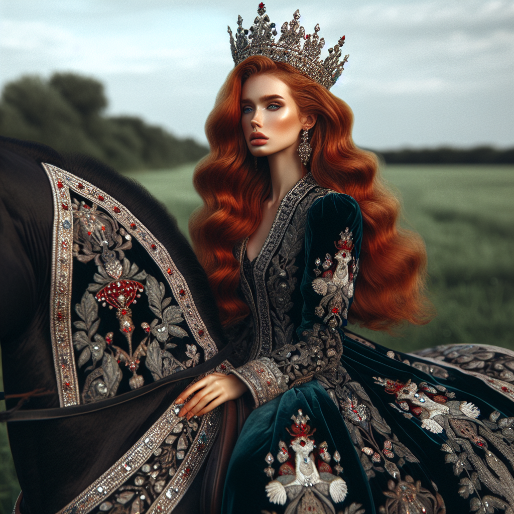 Fantasy queen with long crimson hair and a beautiful gown. golden