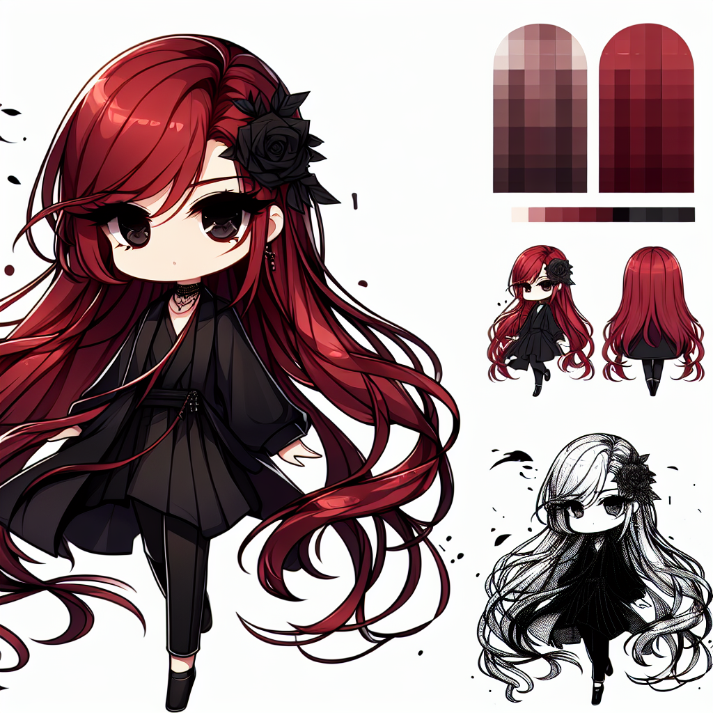 Chibi Character with Long Red Hair and Dark Attire on White Background | AI  Art Generator | Easy-Peasy.AI