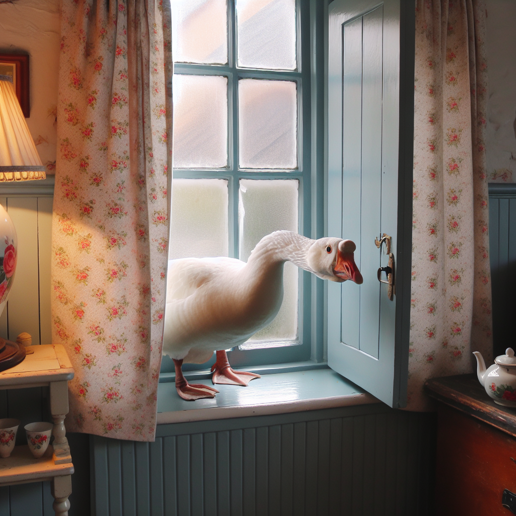 White Goose Peeking Through Window | Vintage Decor Scene | AI Art Generator  | Easy-Peasy.AI