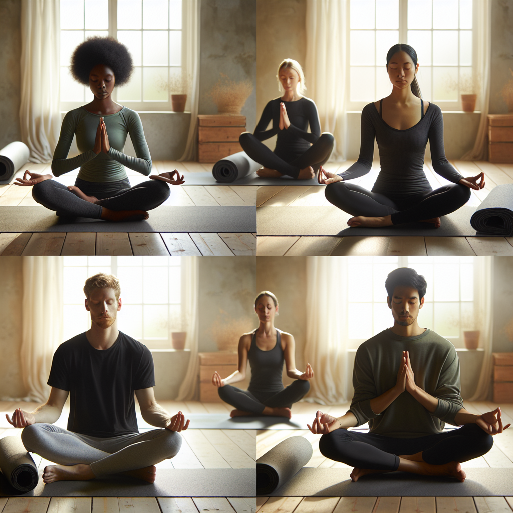 Yoga class, diverse group training and meditation exercise for