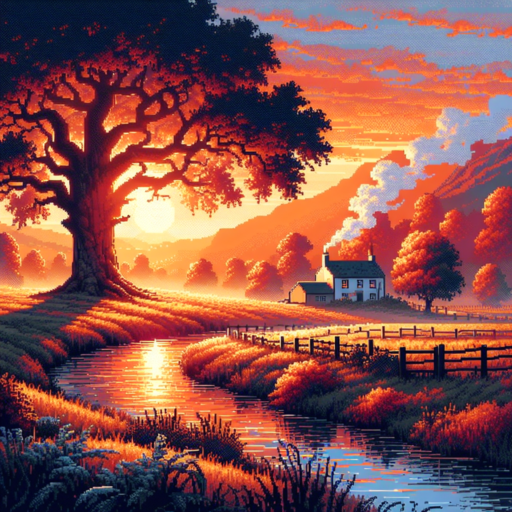 Digital drawing of a pretty magical lovely beautiful landscape of fields  with bright orange and purple trees colorful fantasy falling leaves orange  glowing sunset grass falling leaves action landscape mountains trees grass