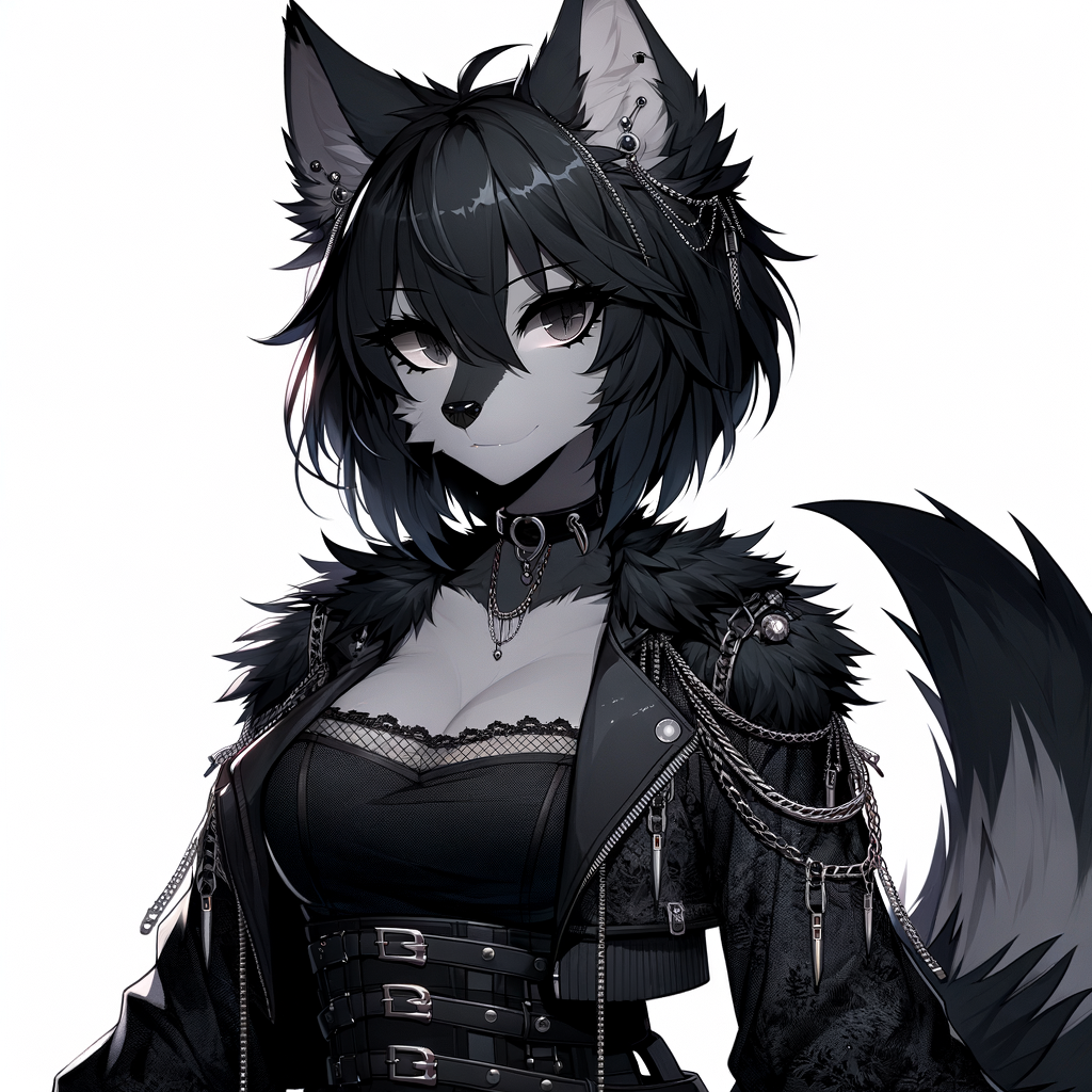 Image of a female anthropomorphic wolf furry, she has black fur