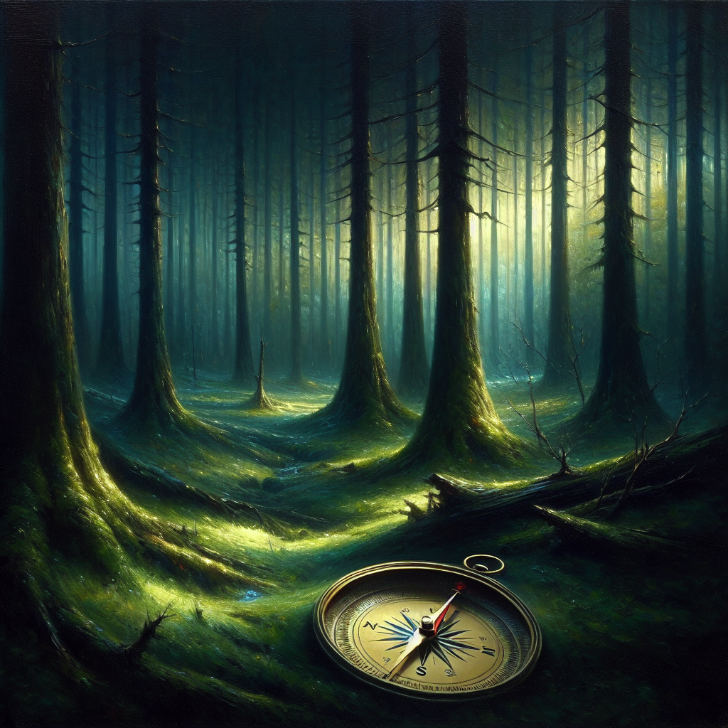 Dark Forbidden Forest with Illuminated Compass, Magical Painting Style, AI Art Generator