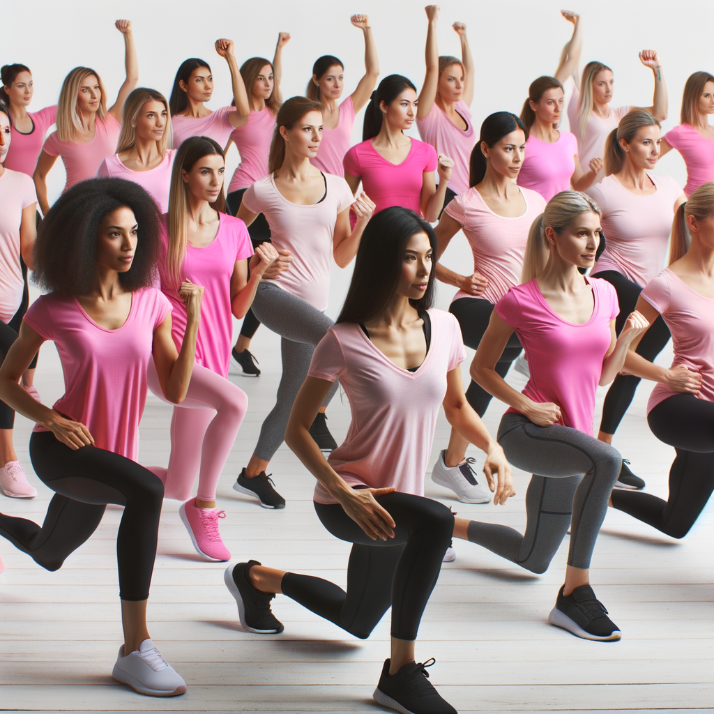 Women in Pink T-Shirts: Fitness Class on White Background, AI Art  Generator